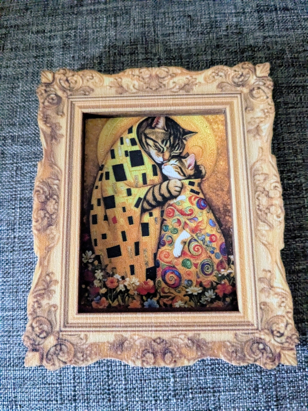 Gold and Multicolor Cat Embrace Ornate Framed Art Print Magnet.